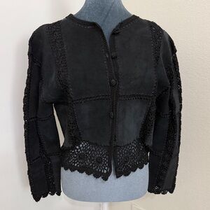 Y2K Bohemian Suede Leather Crotchet Black Button Up Jacket size Medium